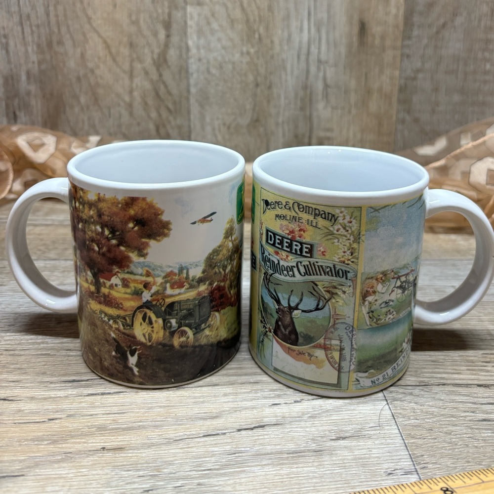 John Deere Farm Tractor Coffee Mug Cup Gibson Reindeer Cultivator Set Of 2 Cups